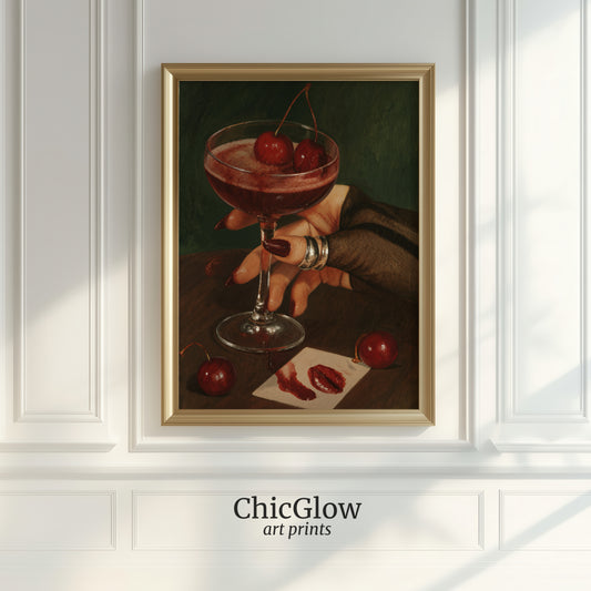 Cherry Cocktail Still Life Wall Art Print – Moody Vintage Feminine Poster