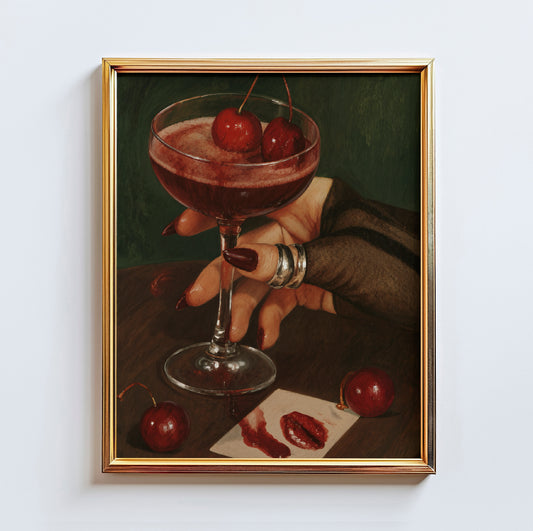 Cherry Cocktail Still Life Wall Art Print – Moody Vintage Feminine Poster