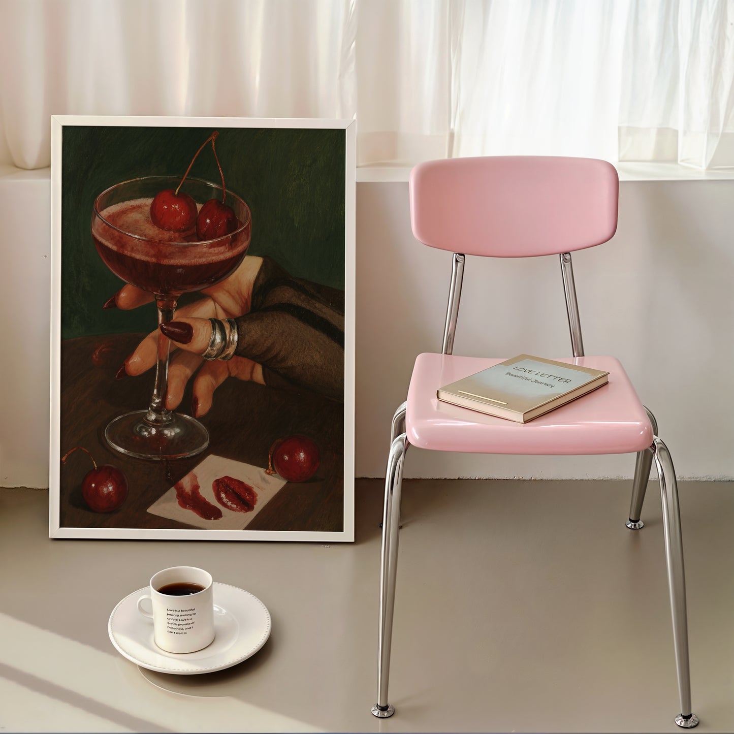 Cherry Cocktail Still Life Wall Art Print – Moody Vintage Feminine Poster